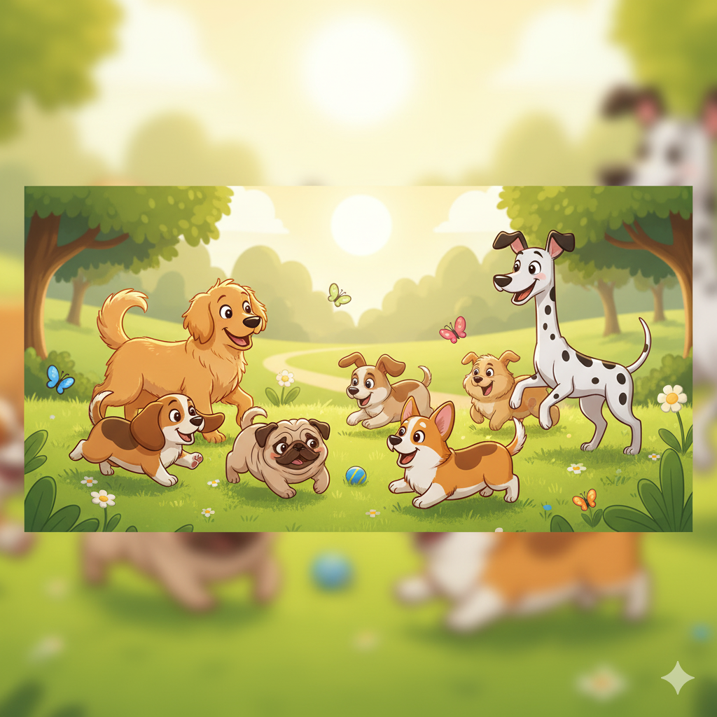 Image of various dog breeds playing together